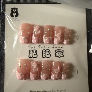 Pink 3D Bow Rhinestone Press-On Nails